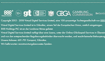 Zu sehen ist der Footer der Homepage des 777 Casinos. Dort befindet sich das Logo des Lizenzgebers, der Gibraltar Gaming Authority. Daneben sind die Kontaktstellen für Spielsuchtprävention aufgelistet, mit denen 777 Casino zusammenarbeitet (Gamcare, Gambling, 888responsible.com).