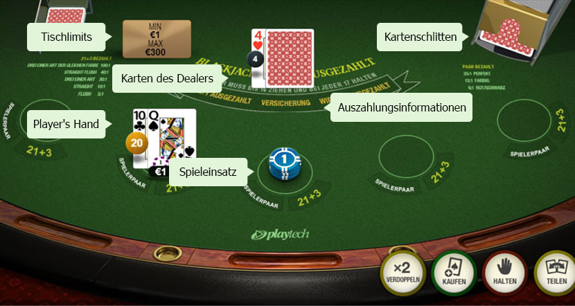 Ein Online Blackjack Spieltisch von Playtech. Links oben befinden sich die abgelegten Spielkarten. Oben mittig ist das Blatt des Dealers zu erkennen, rechts oben der Kartenschlitten. Der einzige Spieler am Tisch hat ein Blatt mit Kreuz 10 und Pik Dame. 