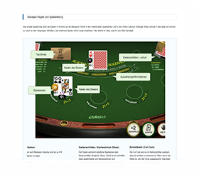 Vorschaubild des verlinkten PDFs, in dem die wichtigsten Blackjack Regeln und der Aufbau des Blackjack Spieltisches erklärt werden.