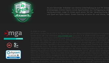 Zu sehen ist der Footer der Homepage von Mr Greens. Dort befindet sich das Logo des Lizenzgebers, der Malta Gaming Authority. Daneben sind die Kontaktstellen für Spielsuchtprävention aufgelistet, mit denen Mr Green zusammenarbeitet (Gamcare, Green Gaming).
