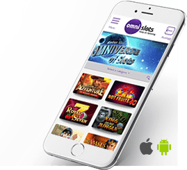 Das Bild zeigt die Omni Slots Webseite auf einem Smartphone. Zu sehen sind das Menü und eine Vorschau der verfügbaren Spiele.