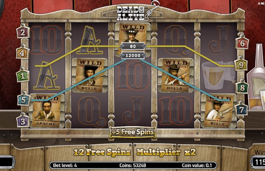 Zwei Gewinnlinien während einer Free Spin Runde beim Slot Dead or Alive vom Software Entwickler NetEnt.