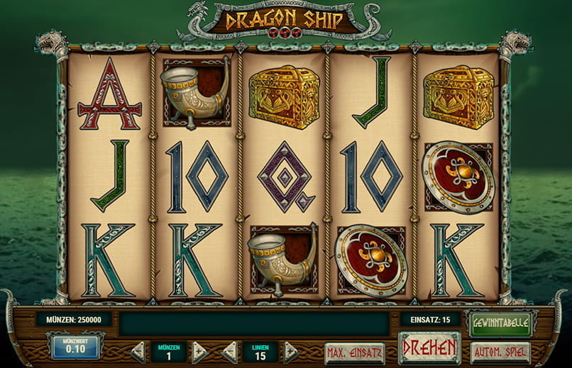Der Spielaufbau des Dragon Ship Slots vom Softwarehersteller Play'n GO. 