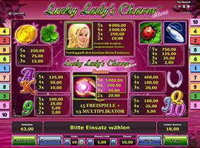 Die Auszahlungstabelle von Lucky Lady's Charm deluxe