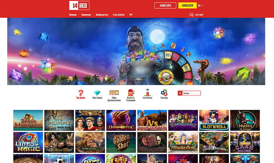 Das Menü im 14Red Casino ist in einzelne Kategorien wie Aktionen, Bankwesen, Kundenservice, Erste Schritte und VIP gegliedert. Weiter unten findet man eine Übersicht der Spielkategorien.