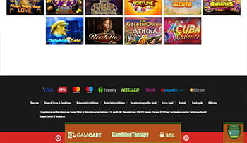 Zu sehen ist der Footer der Webseite des 14Red Casinos mit Angaben zur Lizensierung (Curaçao), zum verwendeten Datenverschlüsselungsverfahren (SSL) und zu Kontaktstellen für Spielerschutz und Spielsuchtprävention (GamCare, Gambling Therapy).