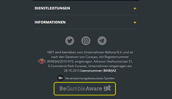 Der untere Bereich der 1Bet Webseite mit den Namen von einigen Hilforganisationen.