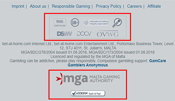Der Footer des bet-at-home Casinos mit den Logos der Firma eCOGRA , Regulierungsbehörde MGA und dem Jugendschutz 18+.