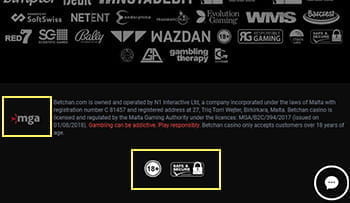 Der Footer der Seite zeigt Logos der Malta Gaming Authority, iTech Labs sowie von Gamblers Anonymous.