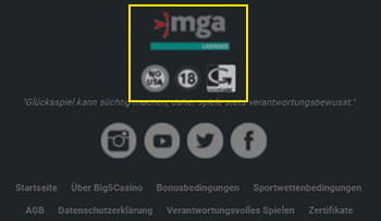 Der Footer des Big5Casino mit Infos zur Lizenz, Spielerschutz und beteiligten Unternehmen.