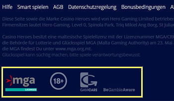 Der Footer der Casino Heroes Webseite mit Informationen zur Sicherheit und Lizenzierung.