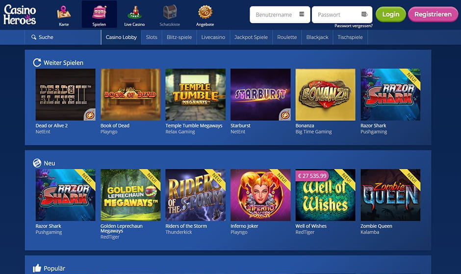 Die Webseite von Casino Heroes.