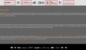 Der Footer im Casino.com mit allen wichtigen Informationen zur Lizenzierung, Datenverschlüsselung und Kontaktangebote für Spieler mit problematischen Spieleverhalten.