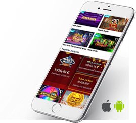Das Bild zeigt ein Smartphone mit den Spielen von CasinoEuro und den Logos von Android und Apple.