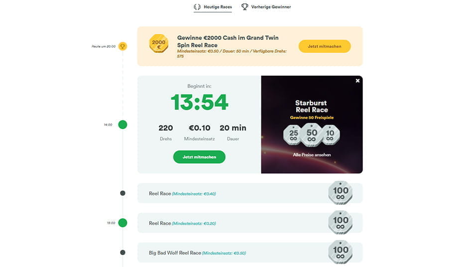 Hier sieht man den Countdown zum nächsten Reel Race Gewinnspiel, das in etwa 13 Minuten startet