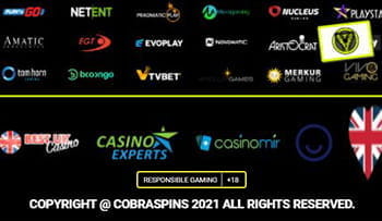 Der untere Seitenbereich der Webseite von CobraSpins mit Informationen zu Sicherheit, Spielerschutz und beteiligten Softwareprovidern.