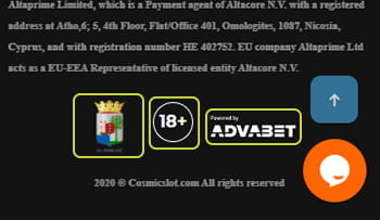 Der Footer des CosmicSlot mit Logos und Informationen zu Nutzungsbedingungen und Zahlungsmethoden.