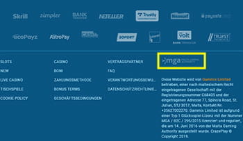 Der Crazeplay Casino Footer.