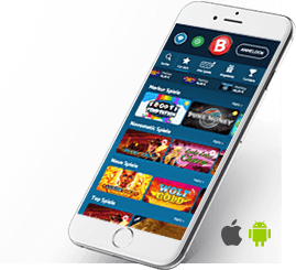 Ein Smartphone mit mobilen CrazyBuzzer Spielen und dem iOS und Android Logo.