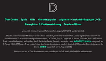 Das Bild zeigt den Footer der Dunder Webseite. Ganz unten sind alle Organisationen und Verbände aufgelistet, mit denen der Online Casino Betreiber zusammenarbeitet.