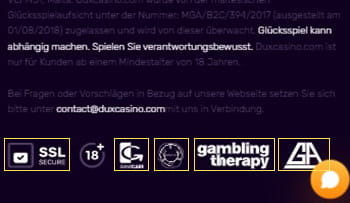 Im Footer des Duxcasino erhaltet ihr erste Informationen zur Lizenz, der Netzsicherheit und Logos von Hilfsorganisationen.