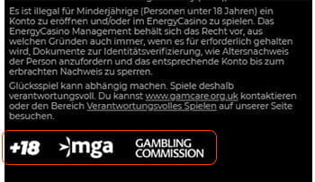 Der Footer des Energy Casinos mit wichtigen Angaben zur Lizenzierung und Jugendschutz.