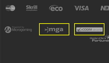 Hier ist der untere Teil der Webseite zu sehen. Zu erkennen die Logos der Regulierungsbehörde (MGA) und der Firma die den Zufallsgenerator kontrolliert.