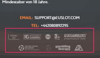 Im Footer der Euslot Webseite findet ihr Informationen zur Lizenz, Kontaktmöglichkeit und Logos zum Spielerschutz.