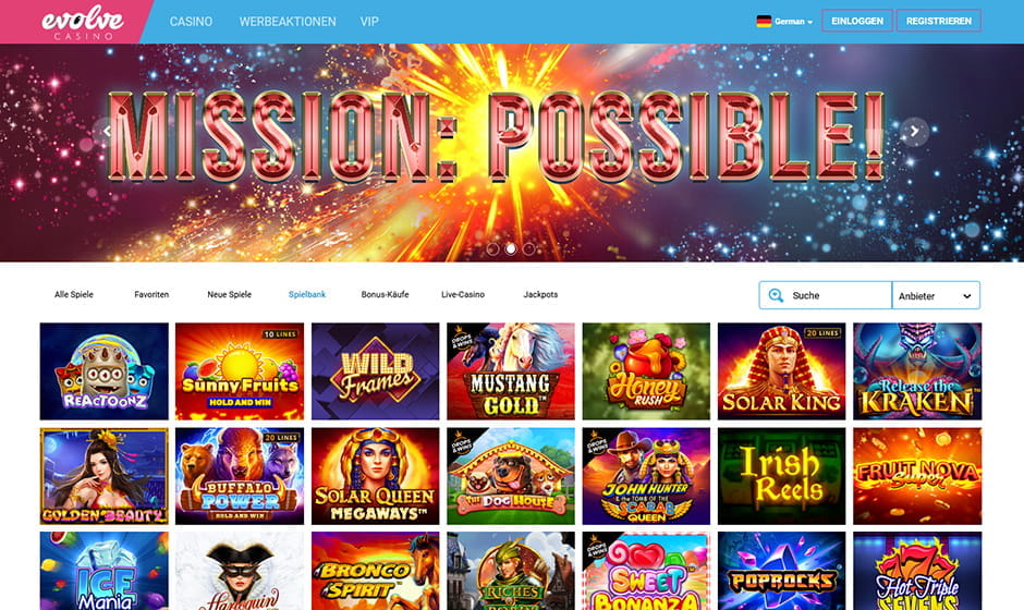 Die Startseite im Evolve Casino