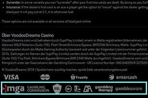 Der Footer im Voodoo Dreams Casino zeigt die Zahlungsmethoden sowie Infos zur Sicherheit und Präventionsmaßnahmen.