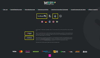 Das Bild zeigt den unteren Bereich der Webseite auch Footer genannt. Er zeigt alle wichtigen Informationen zu den Lizensierungen bei der Malta Gaming Autority, Gambling Commission, und Curacao Egaming Behörde sowie Kontaktmöglichkeiten für Spieler mit problematischen Spielverhalten und verwendeten Datenverschlüsselungsverfahren.