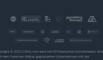 Der Footer der mobilen Webseite des GSlot Casinos.