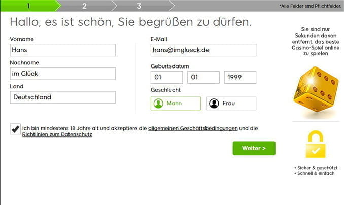 Der erste Schritt bei der Anmeldung in diesem Online Spielothek ist die Eingabe des Namens und des Geburtstages.