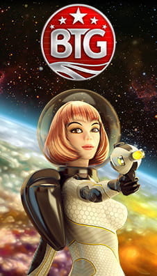 Charaktere aus Online Slots des Herstellers Big Time Gaming. Im Hintergrund ist darüber hinaus das Herstellerlogo zu erkennen.