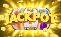 Das Wort Jackpot und Goldmünzen.