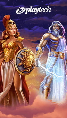 Das Bild zeigt ein Playtech Logo, eine Kriegerin und den Gott Thor.