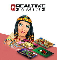 Das Bild zeigt beliebte Charaktere aus den Online Spielautomaten des Herstellers Realtime Gaming sowie im Hintergrund das Firmenlogo.
