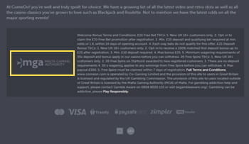 Der Footer der ComeOn Webseite mit Informationen zur Lizenz, den akzeptierten Zahlungsmethoden und Hinweisen zum Jugendschutz.