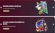 Eine Speisekarte wirbt mit der Aufschrift “40 Freispiele” und zu beiden Seiten angeordneten Slot-Symbolen für die Sonderaktion “Was gibt’s heute zu Mittag?”