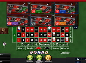 Multi Wheel Roulette von Playtech, gespielt mit 6 Kesseln. Insgesamt wurde in der abgelaufenen Setzrunde ein Gewinn in Höhe von 80€ erzielt.