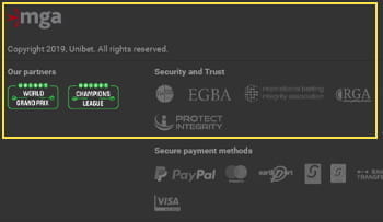 Die Sicherheits- und Lizenzierungsinformationen auf der Unibet Spielautomaten Webseite.