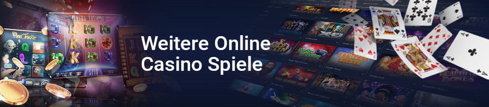 Das Bild zeigt eine verschiedene Online Casino Spiele, Spielautomaten und Spielkarten.