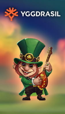 Das Bild zeigt einen Spielcharakter aus dem Yggdrasil Slot Rainbow Ryan und das Logo des Spieleherstellers