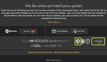 Das Bild zeigt den Footer der mobilen Webseite. Die Logos der regulierenden Behörde (mga) und von Anlaufstellen für Suchtprävention (begambleaware) werden hier dargestellt. 
