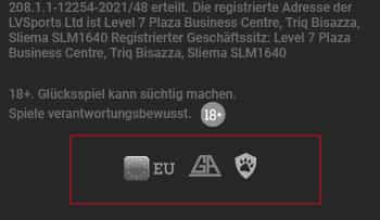 Zu sehen ist der Footer der mobilen Spielhallen Seite. Die Logos der zuständigen Regulierungsbehörde (GGL) und von Anlaufstellen für Spielsuchtprävention sind hier zu finden.