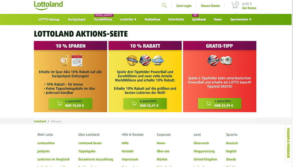 Die Lottoland Aktions-Seite.