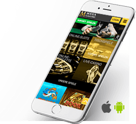 Das Bild zeigt ein Smartphone mit dem Mobilen MegaCasino und den Logos von Apple und Android.