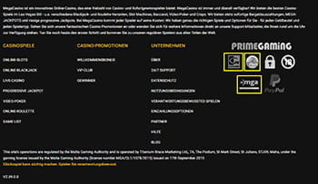 Zu sehen ist der Footer der Webseite des MegaCasinos. In diesem findet ihr wichtige Informationen über die Lizenzierung (Malta Gaming Authority), technische Dienstleister, die den Anbieter regelmäßig überprüfen (iTech Labs) und Anlaufstellen für Spieler mit problematischem Spielverhalten (z.B. GamCare).