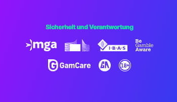 Symbole der Regulierungsbehörde, der Spielerschutzorganisation und des beteiligten Testlabors auf der Megarush Seite.