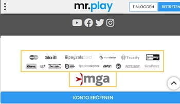 Footer der mobilen mr.play Homepage. Hier findet ihr wichtige Infos über die Regulierungsbehörde (mga) und die technischen Dienstleister.